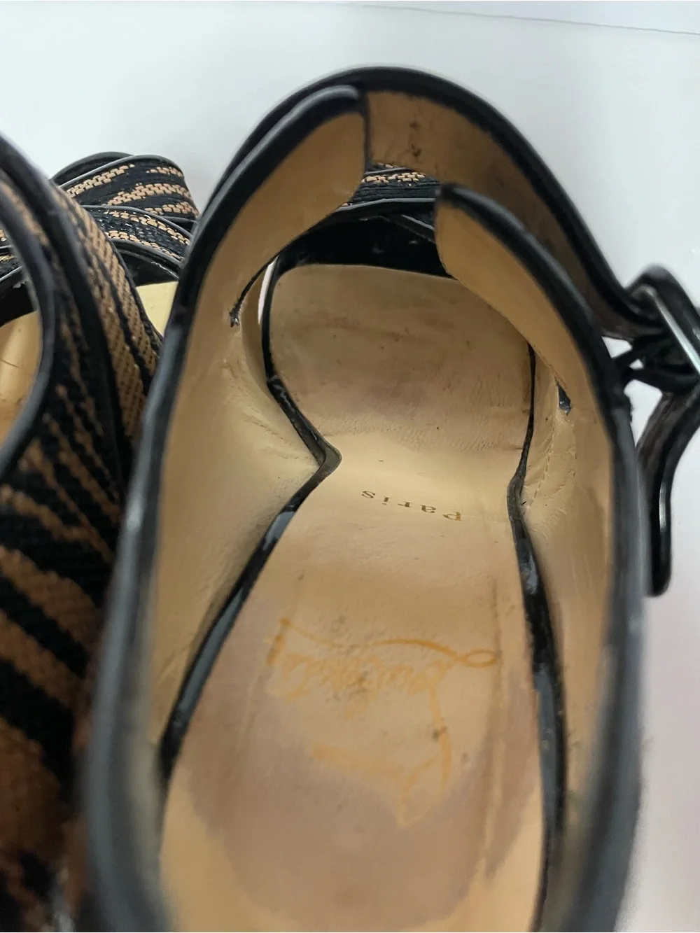 Christian Louboutin Black and Tan Zebra Cork Wedge Mary Jane Pumps 36